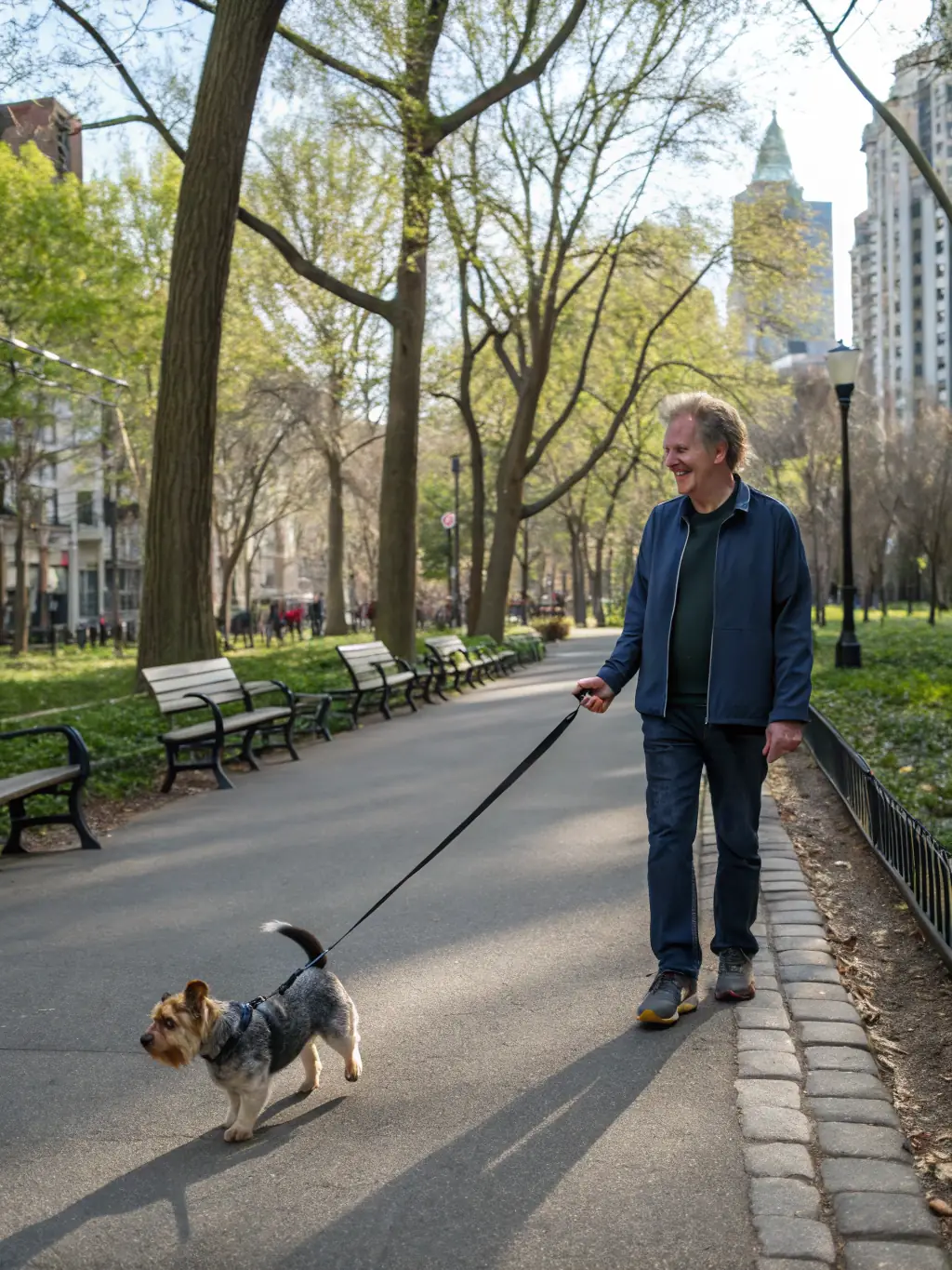 A dog happily walking on a leash during an advanced training session, demonstrating the skills learned in the advanced obedience program.