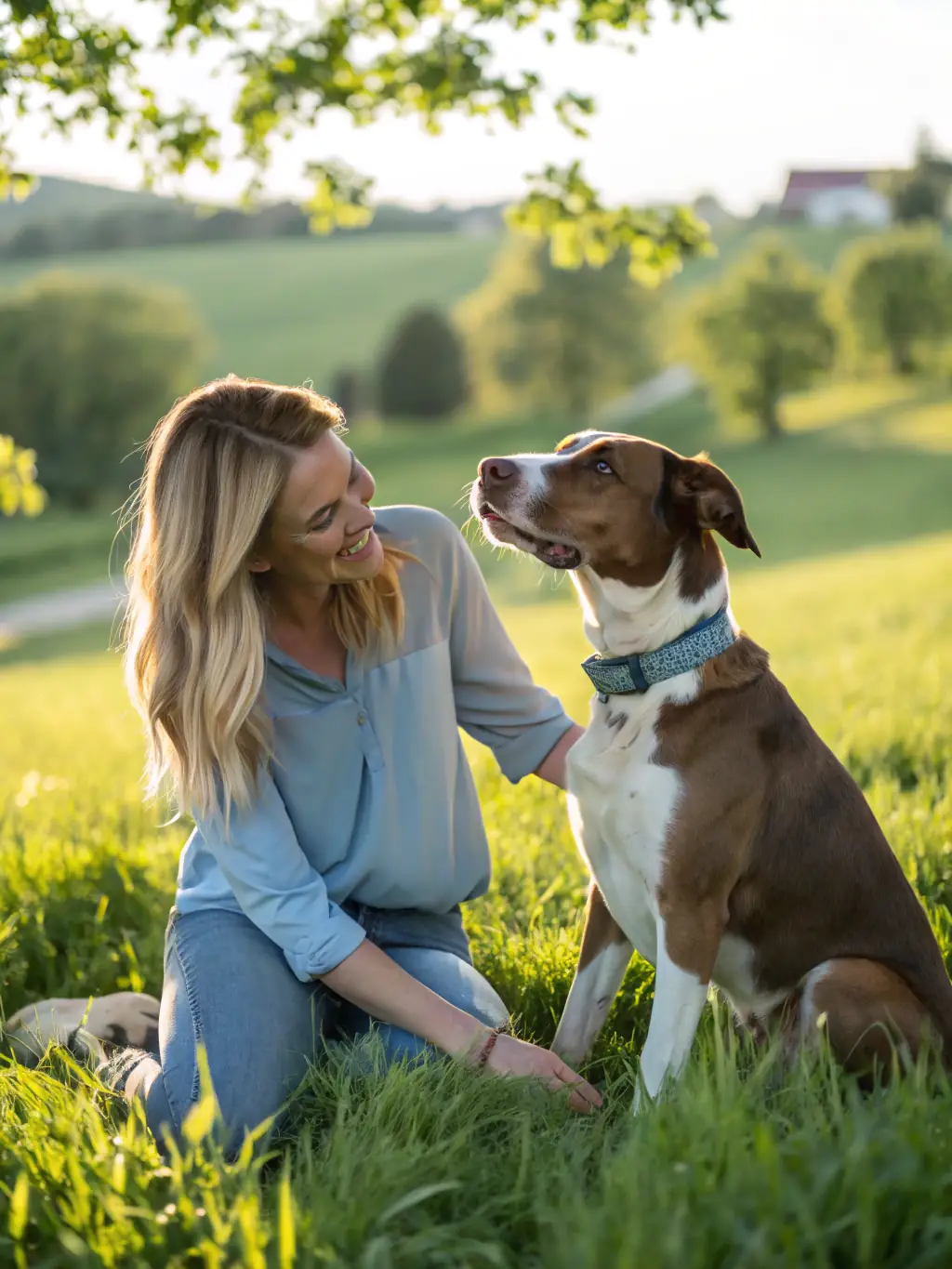 A happy dog sitting obediently beside its trainer during a training session in a park, showcasing the success of obedience training.