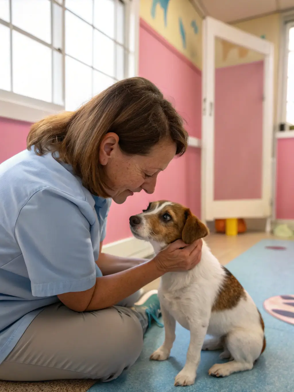 A playful puppy learning to sit with a trainer in a bright, welcoming training room, highlighting the fun and effective puppy training program.