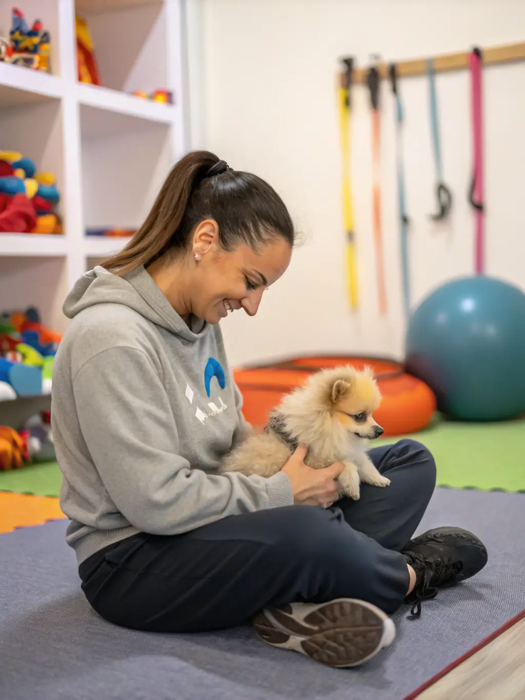 A playful puppy learning to sit with a trainer in a bright, welcoming training room, representing Charlotte Canine's puppy training program.