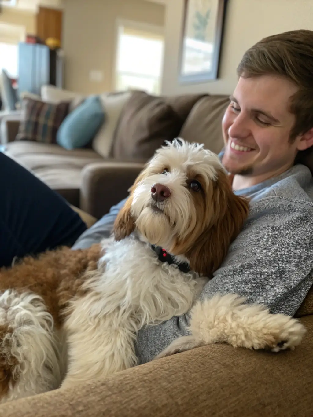 A calm dog resting peacefully with its owner after successful behavioral training, illustrating Charlotte Canine's behavioral modification service.