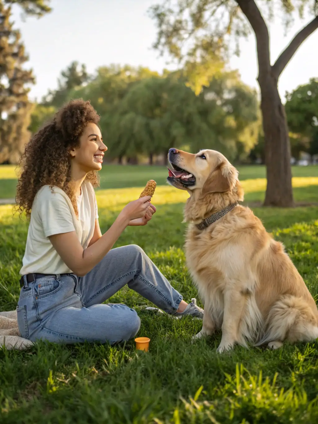 A happy dog sitting obediently beside its trainer during a training session in a park, showcasing Charlotte Canine's obedience training program.