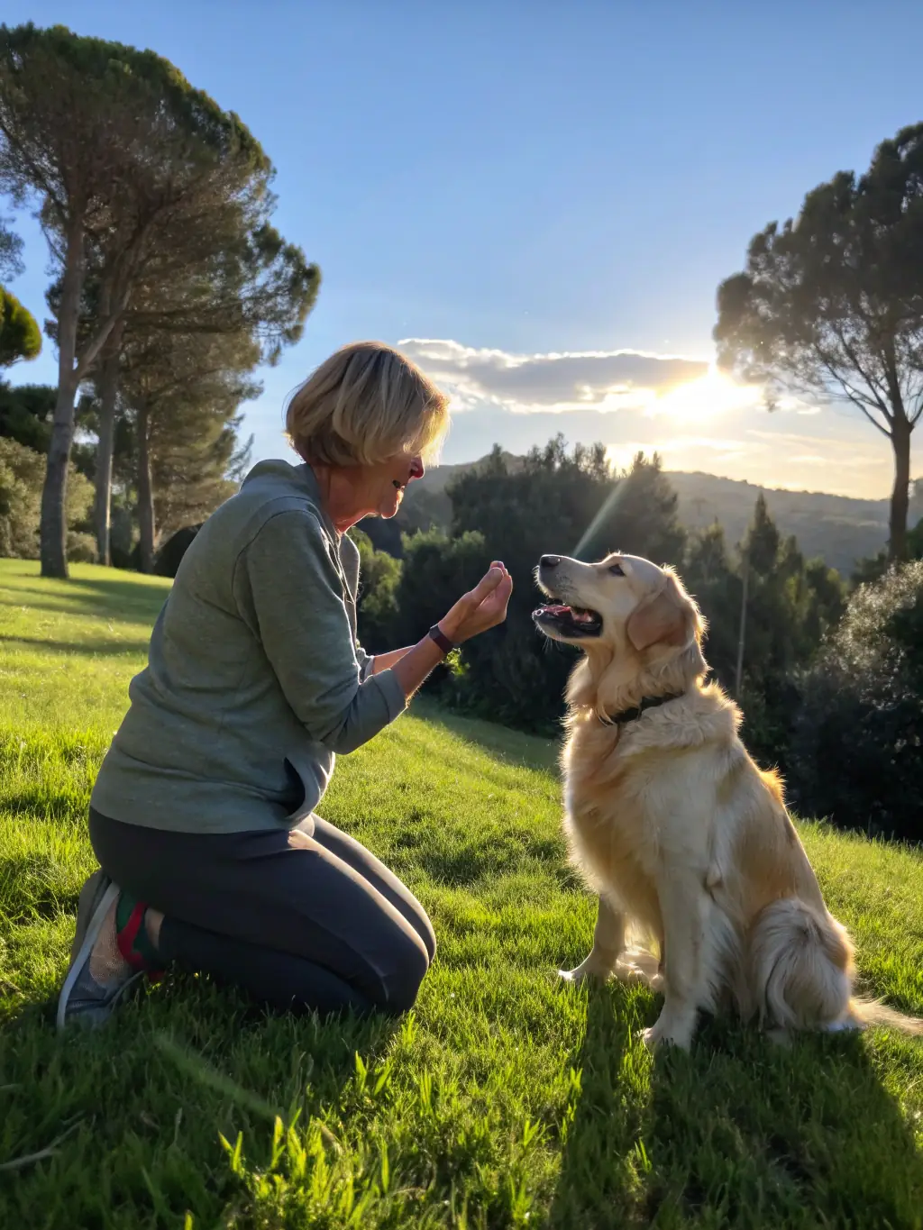 A dog owner smiling and hugging their well-behaved dog after completing a training program with Charlotte Canine, highlighting the positive impact of the services.