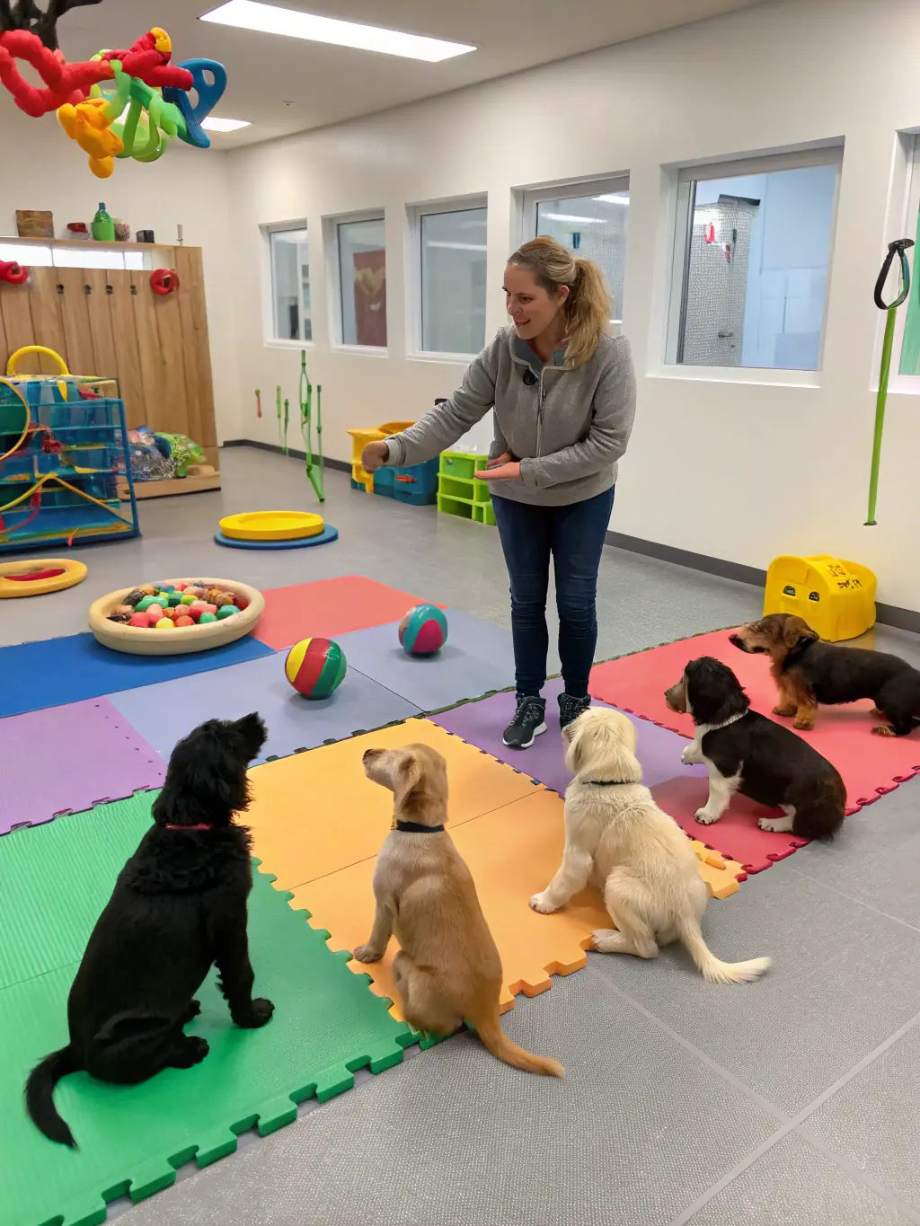 A playful group of puppies participating in a socialization exercise during a puppy training class at Charlotte Canine, emphasizing early learning and development.