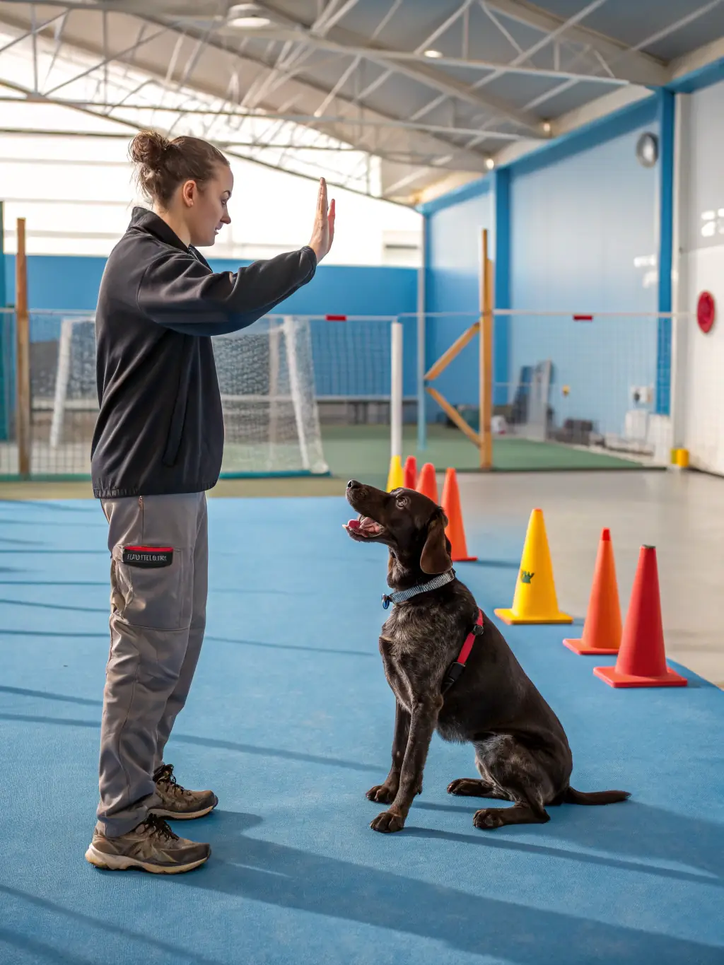 A calm and focused dog working with a Charlotte Canine trainer to address behavioral issues, demonstrating the effectiveness of personalized modification plans.